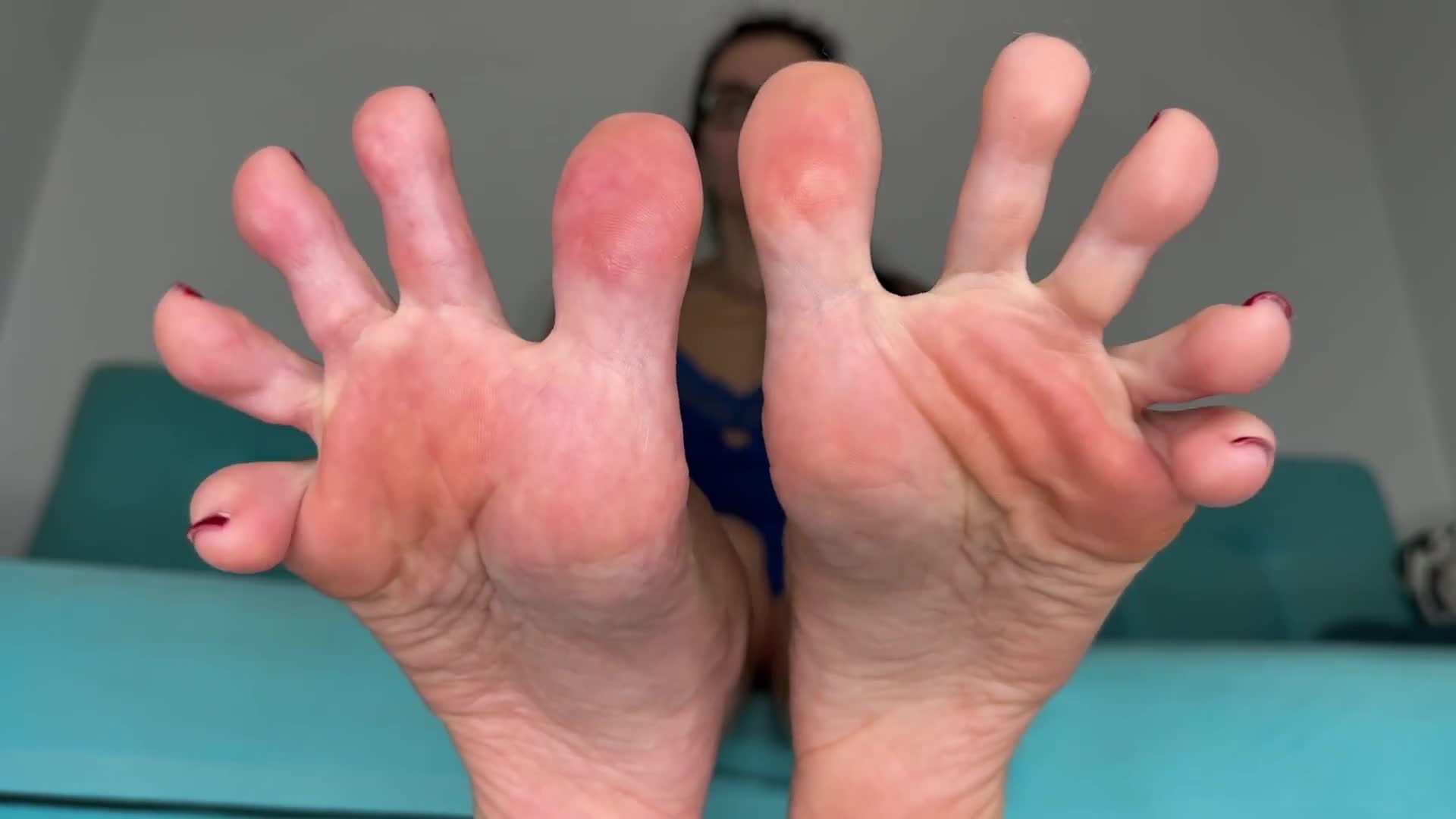 Long Toes Spreading, Toe Spread Close Ups In Two Different Angles, Bare Feet With Red Toenails Polish