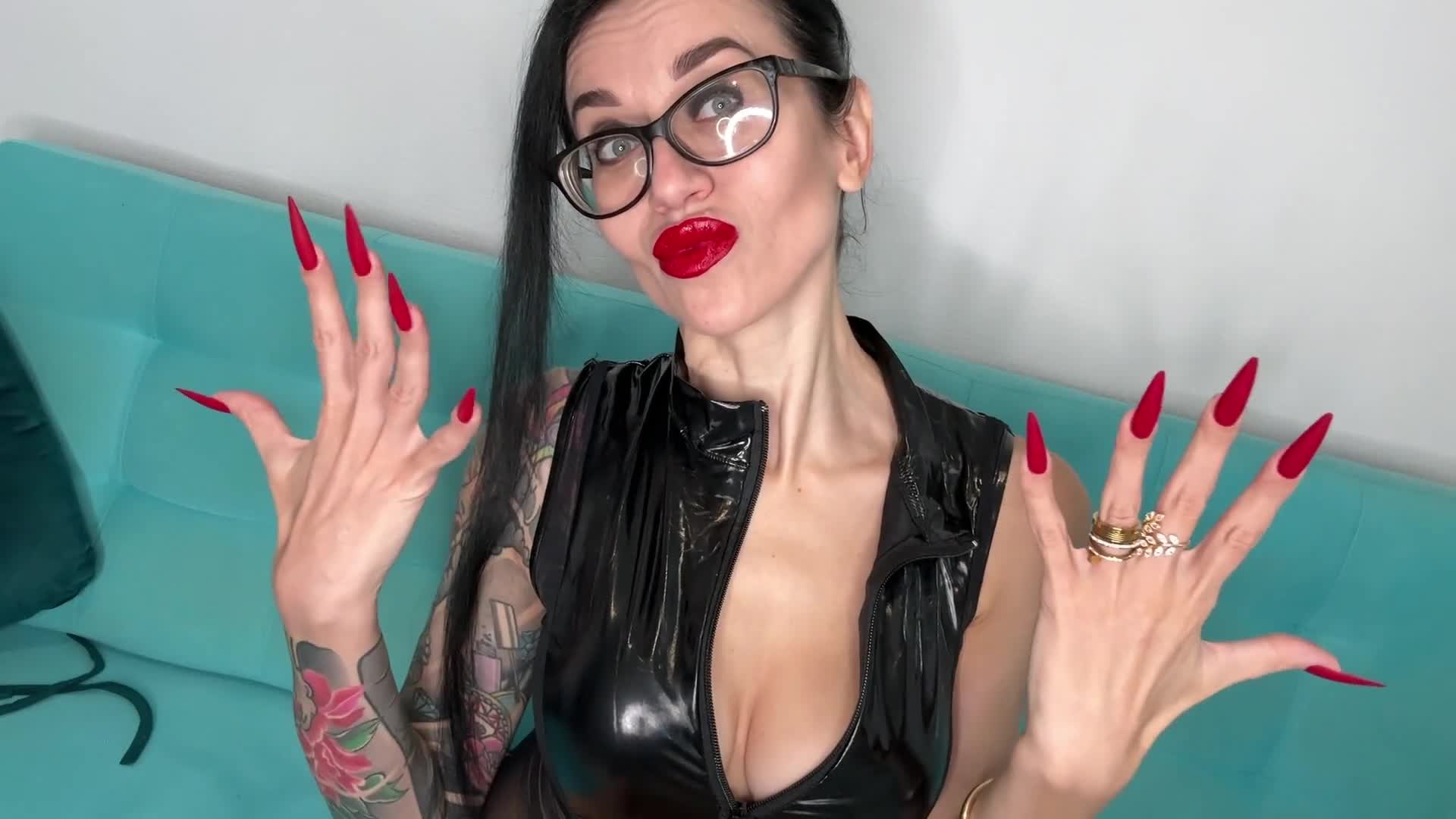 Red Matte Color Long Nails, Palms, Handjobs With Spit, Black PVC On Me