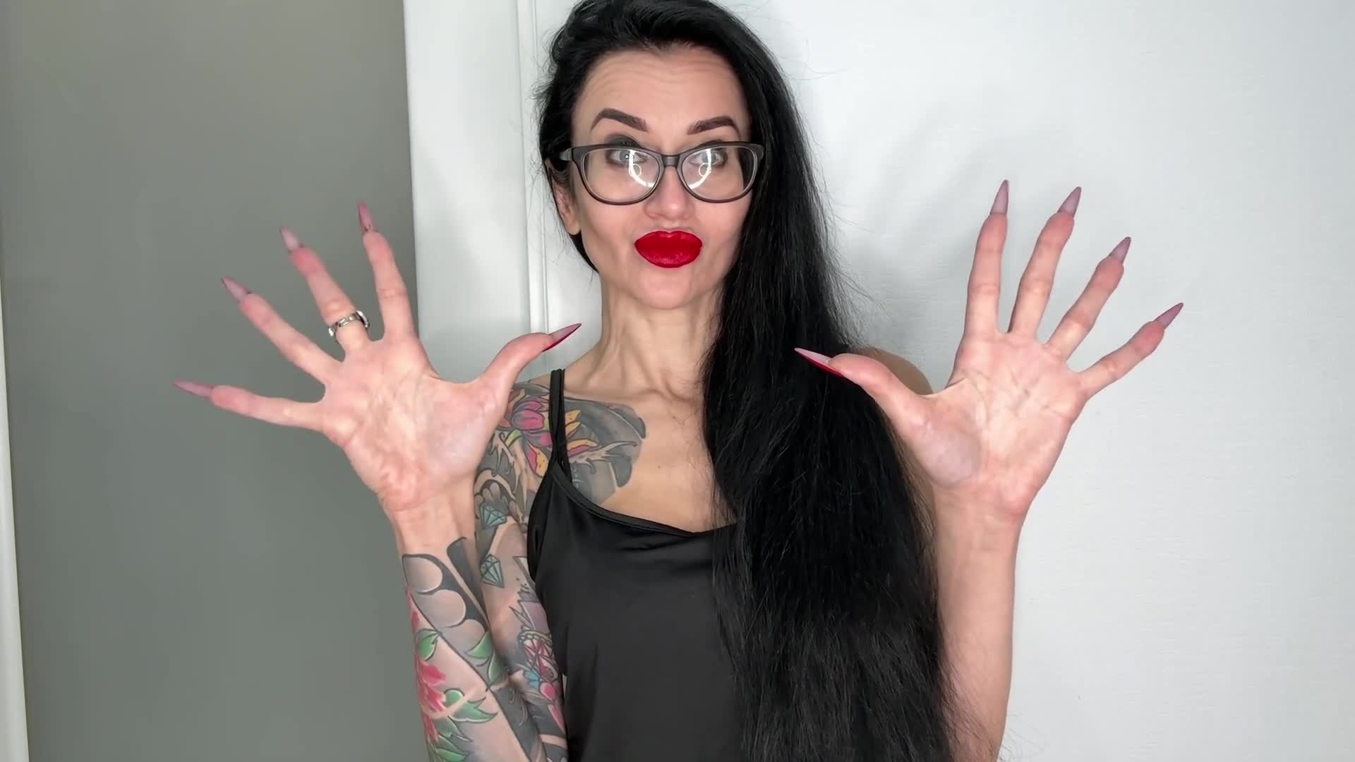 Finger Snapping, Long Fingers With Red Matte Color Long Nails, Palms And Fingers Sucking