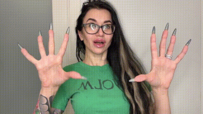 Finger Snapping And Sucking Fingers With Green Long Nails, Long Hair, Glasses And Face