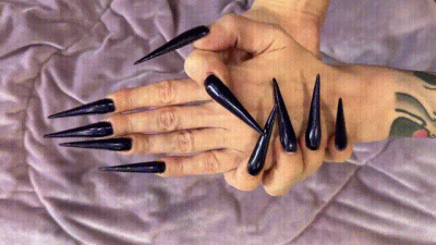 Dark Blue Long Nails, Sharp Stilettos, Long Fingers And Palms Wide
