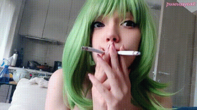 Cute Green Hair Egirl Smoking 2 Cigarettes At The Same Time