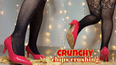 Stomping On Crunchy Chips With Red Heels