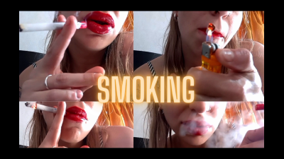 Bright Red Lips Smoking Close Up