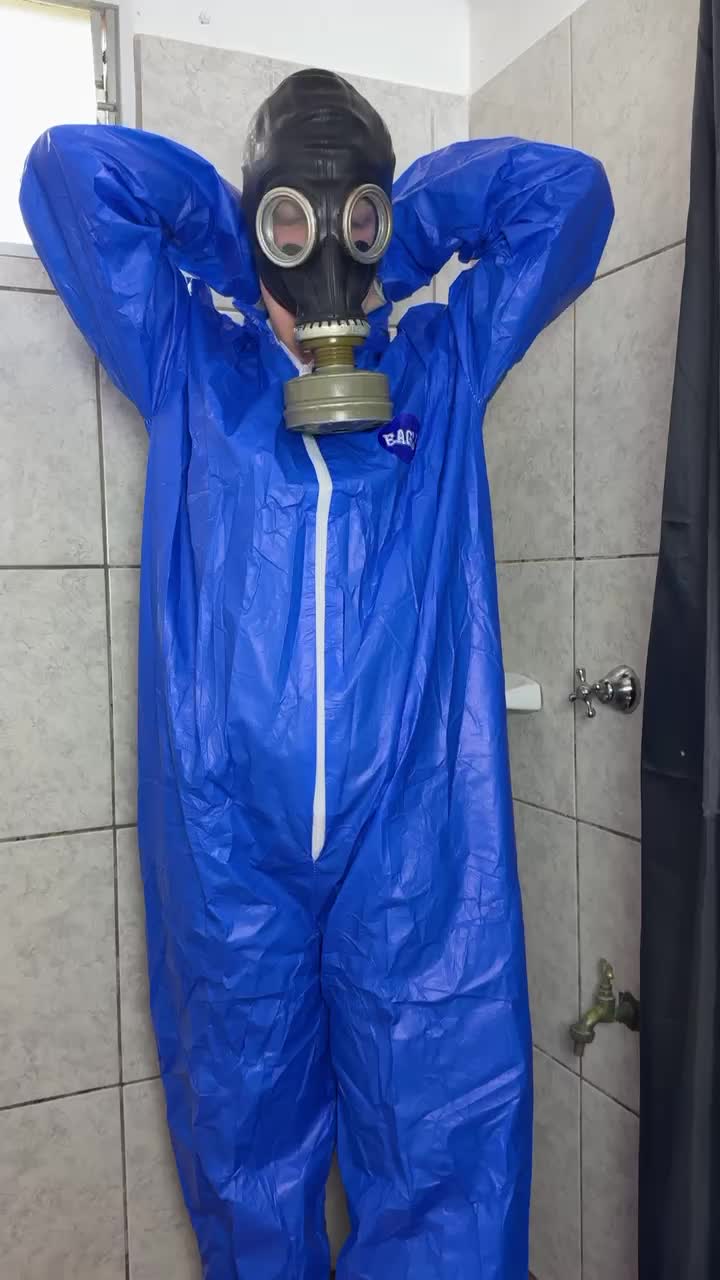 New Blue Hazmat Suit In Gas Mask In Shower