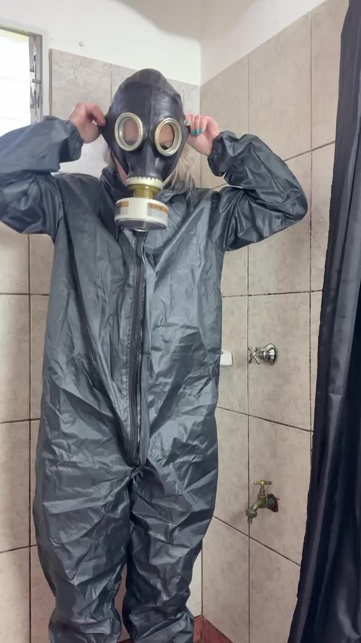 Black Hazmat Suit, Gas Mask GP5 In The Shower