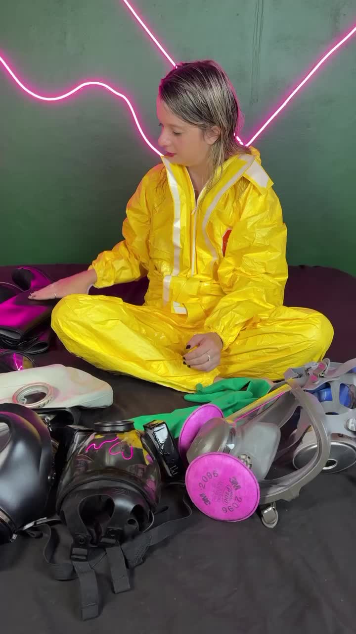 Test Gas Mask In New Yellow Hazmat Suit