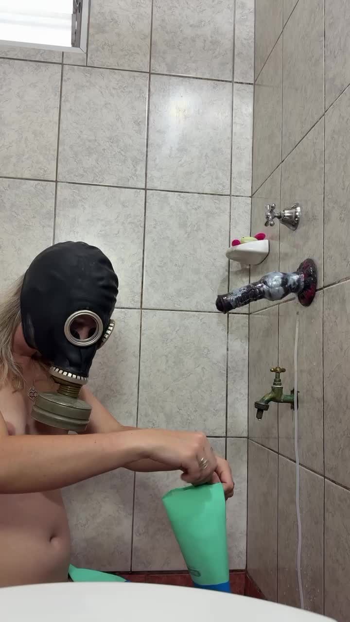 Gas Mask Handjobs Ejaculating Dildo