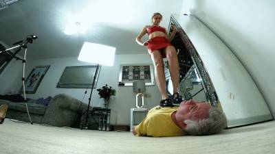 Danielle In Red PVC Outfit & T-Bar Shoes Floor Cam