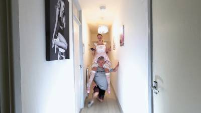 Pretty Dress & Heels Shoulder Riding Neck Squeeze In The Hall