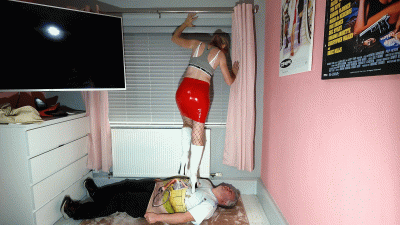 Danielle Red PVC Skirt Fishnet Tights & Chunky White Boots Trample