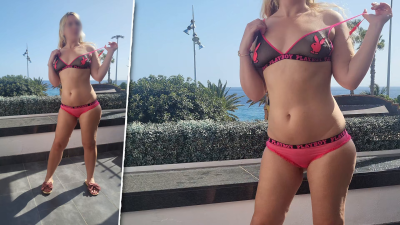 Girl In Panties And Bra Does A Striptease On The Terrace
