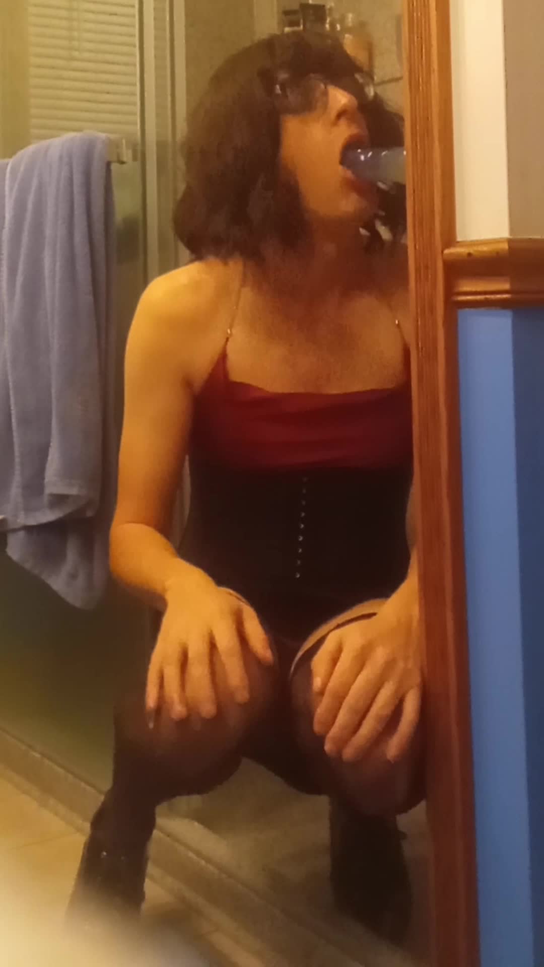 Dressed Up Sissy Slut Crossdresser Femboy Practices Blowjob Skills In Bathroom On Big Blue Dildo