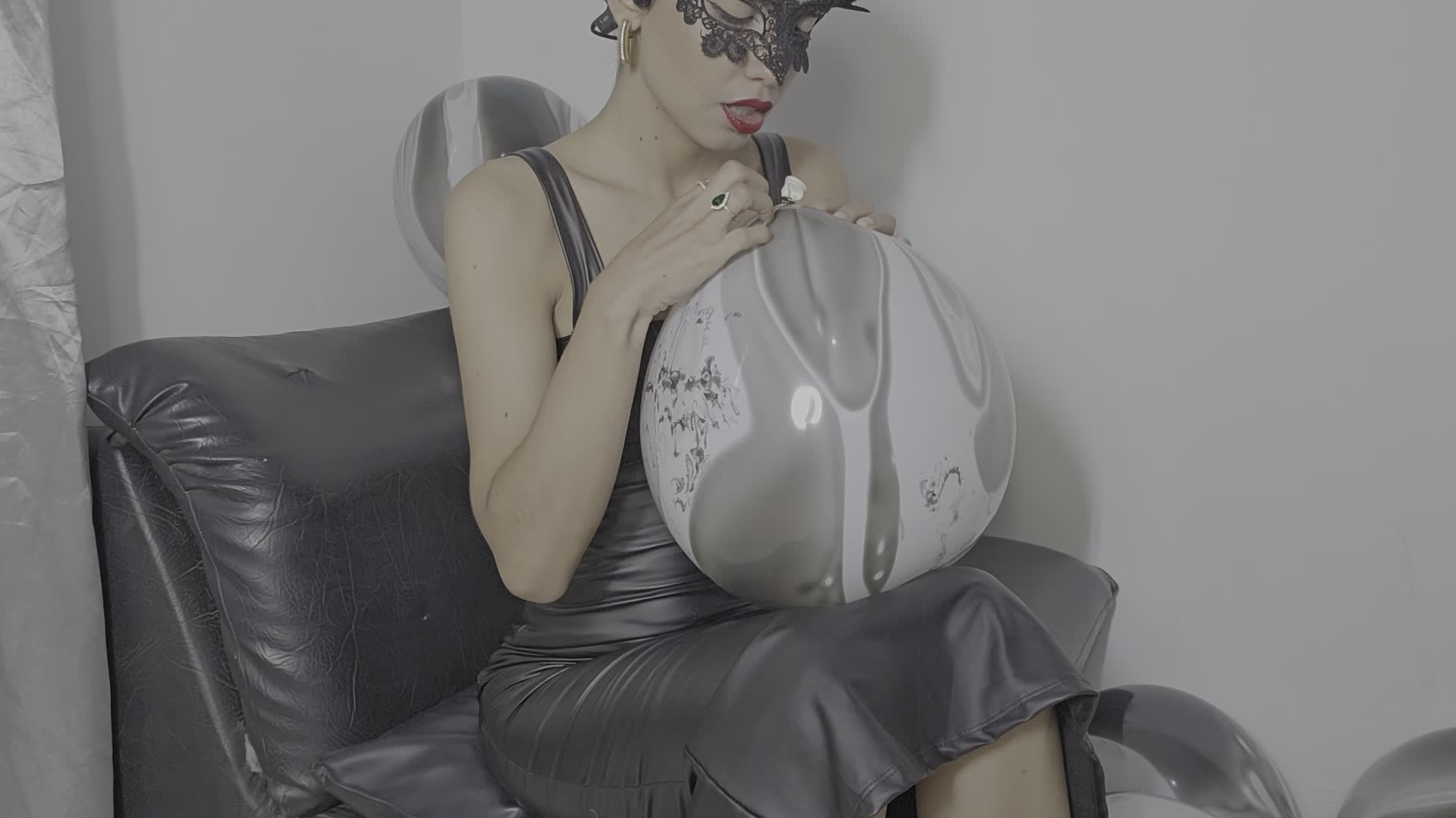 Marianna Wears Her Leather Dress And Pops Balloons With Friction
