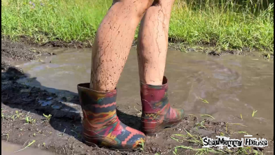 Girl Jumping In Color Rubber Boots In Muddy Puddles- Stuck In The Mud Shoe, Dirty Soles Feet, Foot Fetish, Mud & Quicksand Sinking, Rough Calluses, French Pedicure Toenails, Funny Loud Laugh