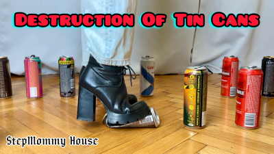 Destruction Of Cans With High Heel Leather Boots Object Compression, Giantes Boot Trampling, Jeans Calves Fetish, Amateur Stomping