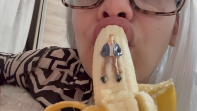 Giantess Stepstep-Sister Eats Tiny Stepstep-Brother Puts Him On A Banana Because It Slides So Easily Then Eats It And It's In Her Belly But Tiny Stepstep-Brother Wants To Come Out