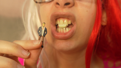 Giantess Stepstep-Sister Chews Gum, Then Blows Bubbles At Her Tiny Stepstep-Sister And Wraps Her Used Gum Around Him