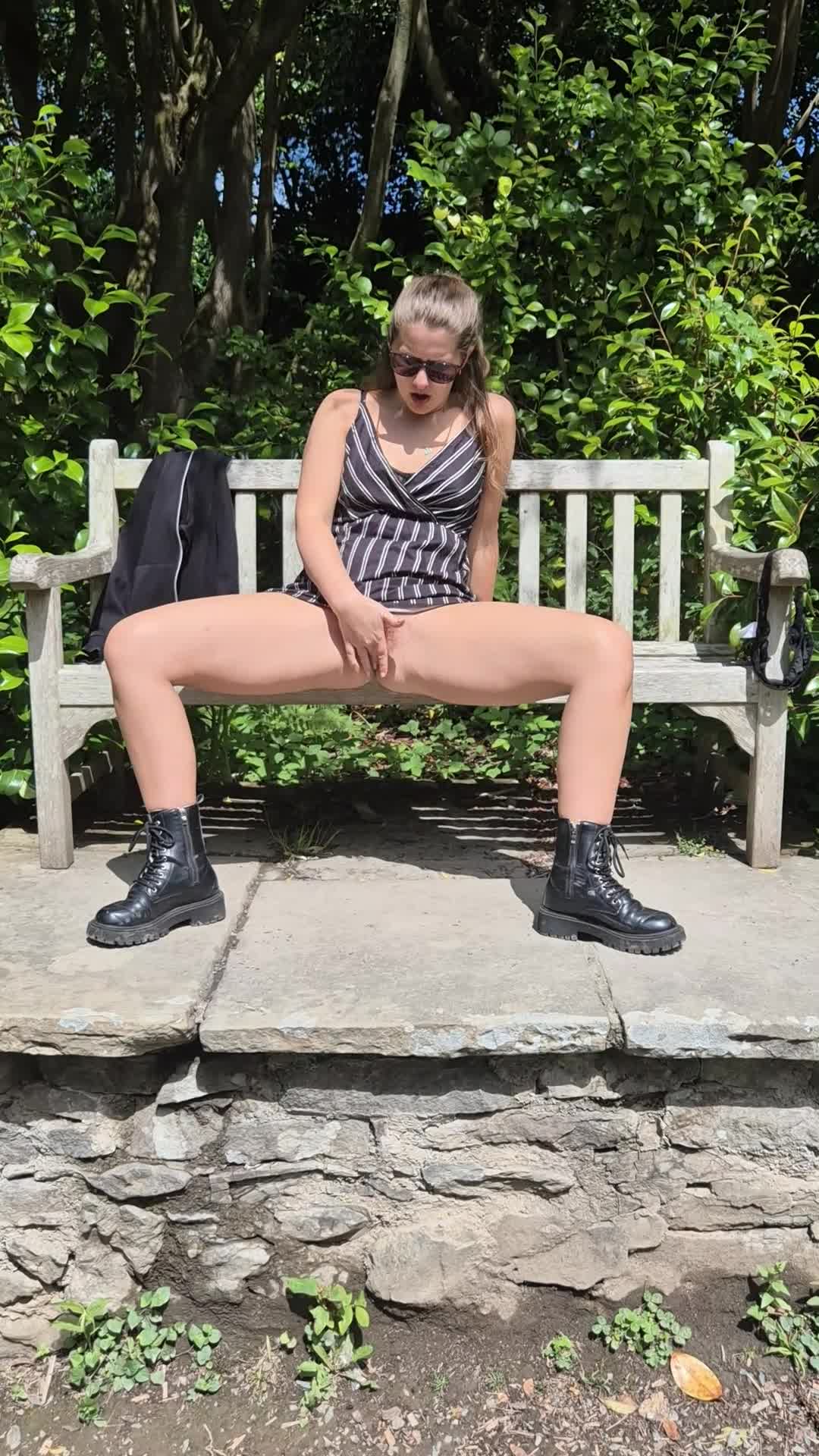 Amy Plays With Pussy On Public Park Bench