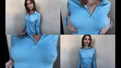 Extremely Hard Cold Nipples On Perky Big Tits In Tight Workout Shirt