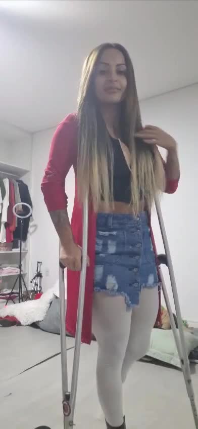 Amputee Bk Crutching With Pantyhose And High Heel Boot