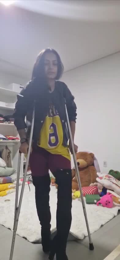 Amputee Sbk With High Heel Crutching Trying High Knee Boot On Amputated Leg