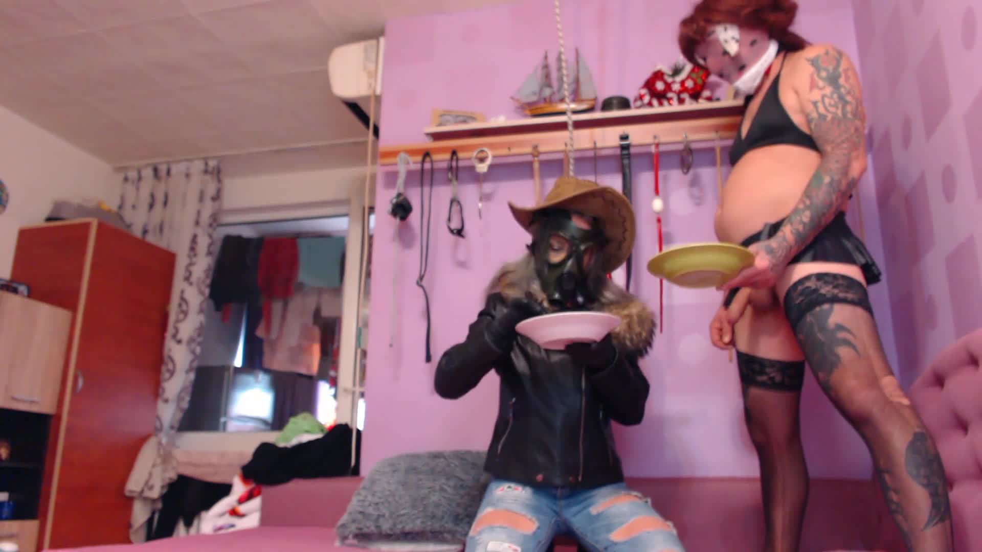 Cross Dressing, Gas Mask Fetish, Blowjob, Cum