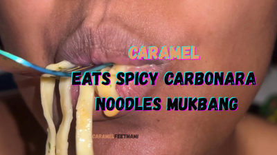 Caramel Eats Spicy Carbonara Noodles Mukbang