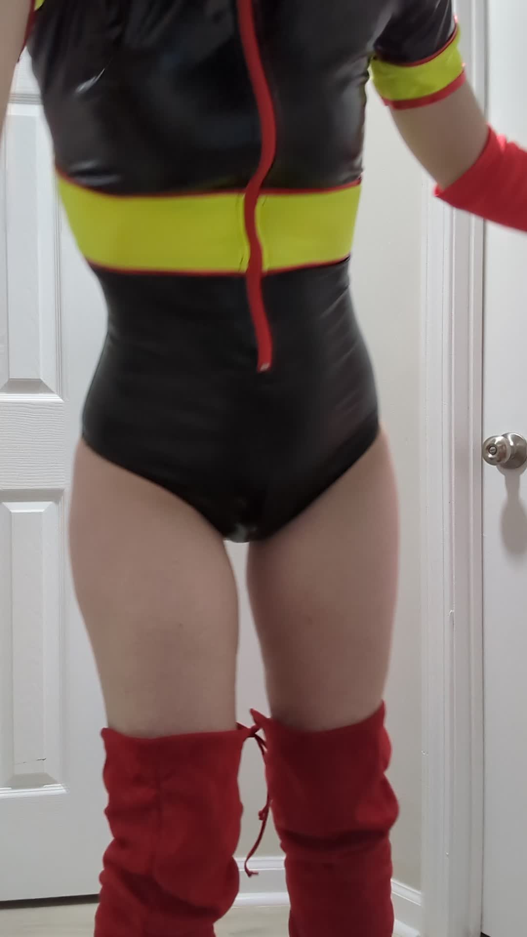 18Yr-Old Horny Step-Daughter Step-Daddy's Girl Jenna Shows Firefighter Costume To Step-Dad Cum Countdown Satin Gloves Thighs High Boots