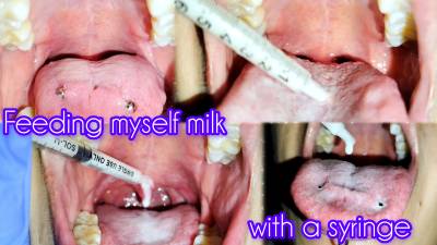 Feeding Myself Milk With A Syringe- Close-Up- Uvula Fetish