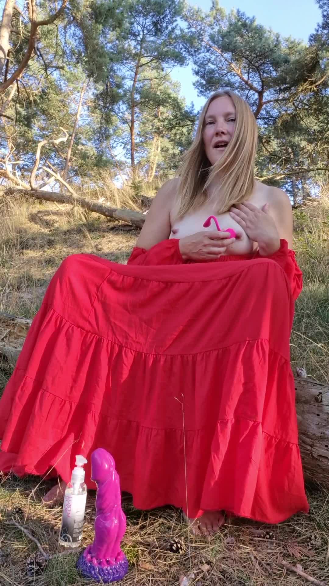 Playing With A Fantasy Dildo And Lush In The Forest At A Sand Drift