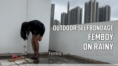 Femboy Self-Bondage On A Rainy Rooftop