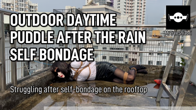 Femboy Struggling In The Puddle After Self-Bondage On The Rooftop After The Rain