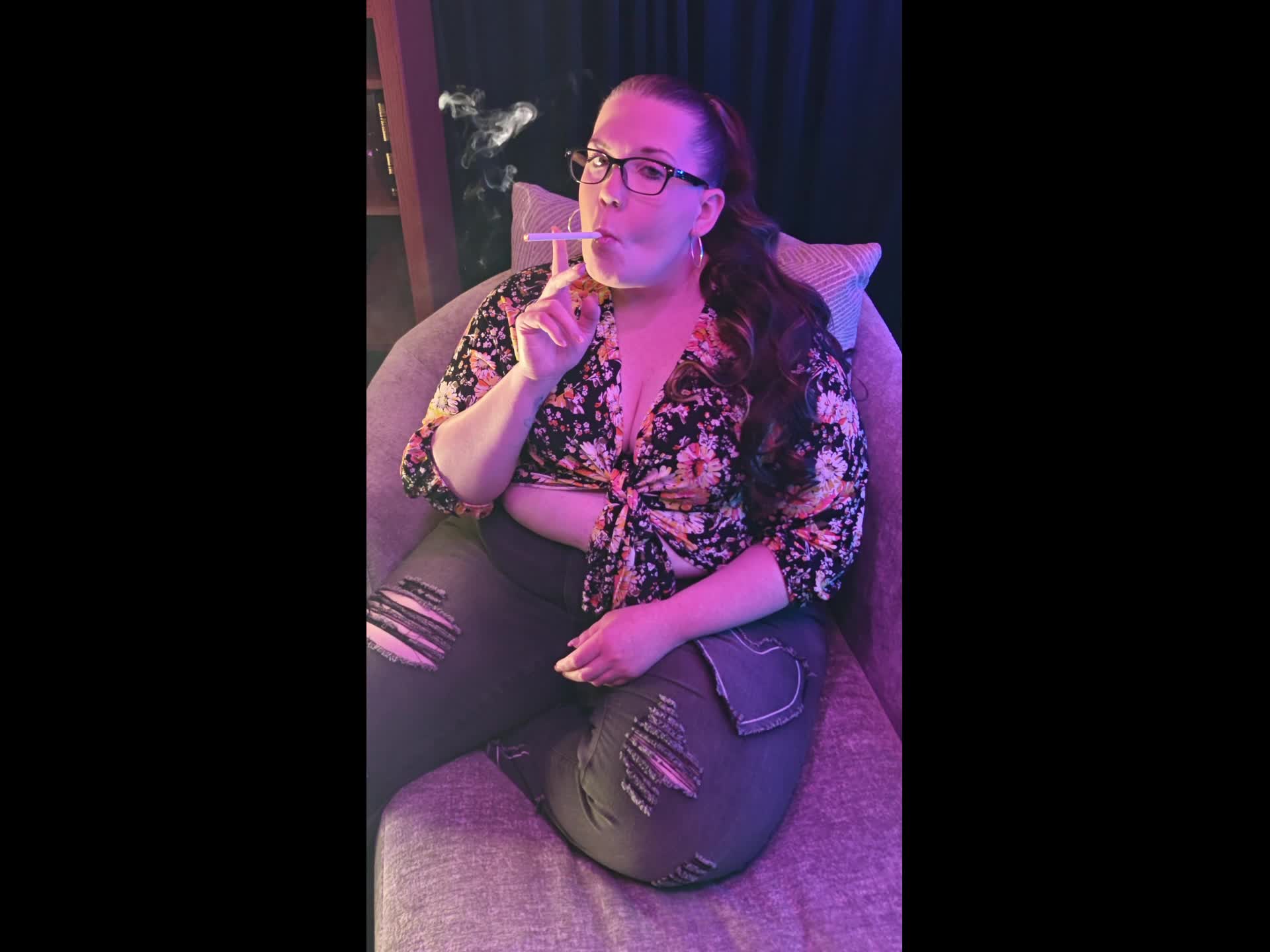 Sitting On My Chaise Lounge In My Flowered Top, Lacy Bra And Fashionably Ripped Jeans Smoking A 120