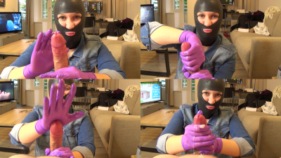 Femdom Edging Handjob With Pink Gloves, Latex Mask & Denim Jacket
