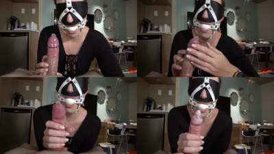 Ball Gag & Harness Play - Xl Condom Handjob