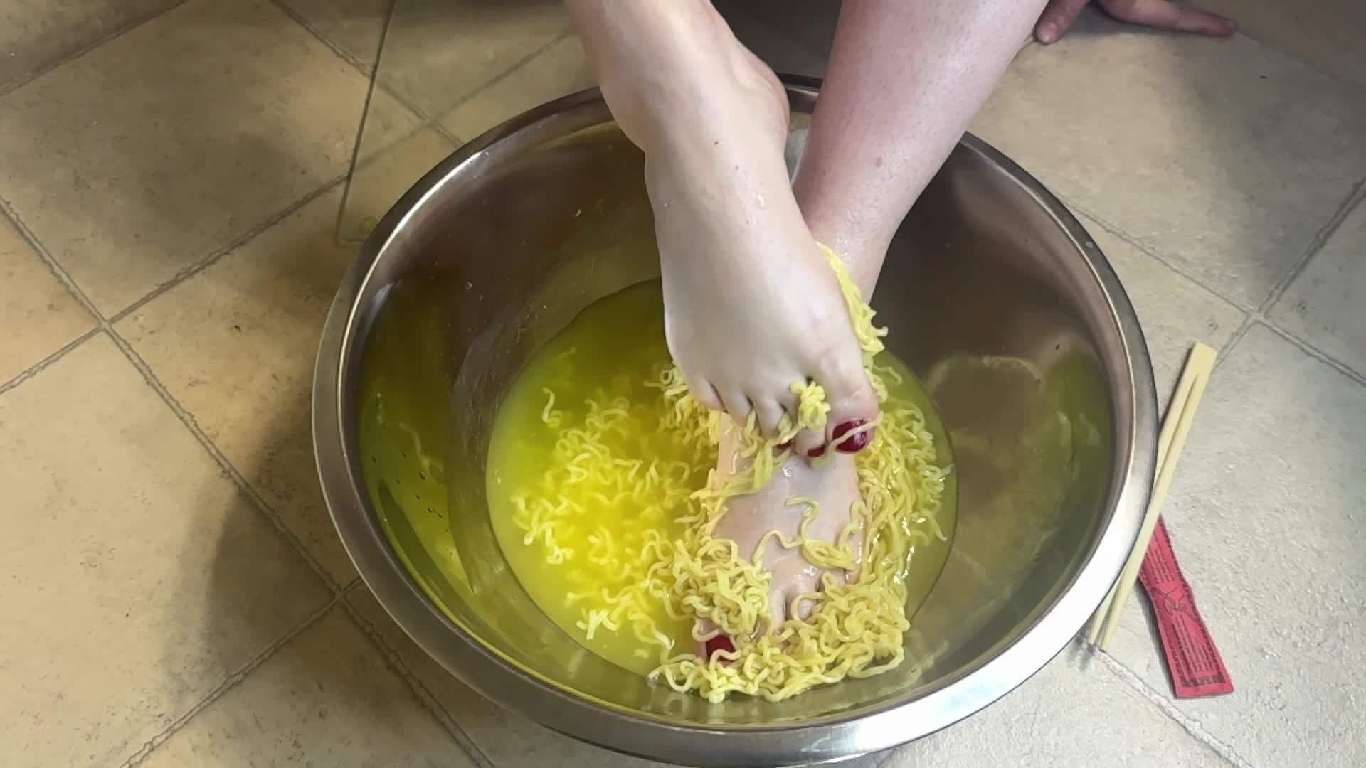 Noodle Nymph: Hot Ramen Drizzling Over My Fiery Red Toes - Ultimate Food Fetish Mess