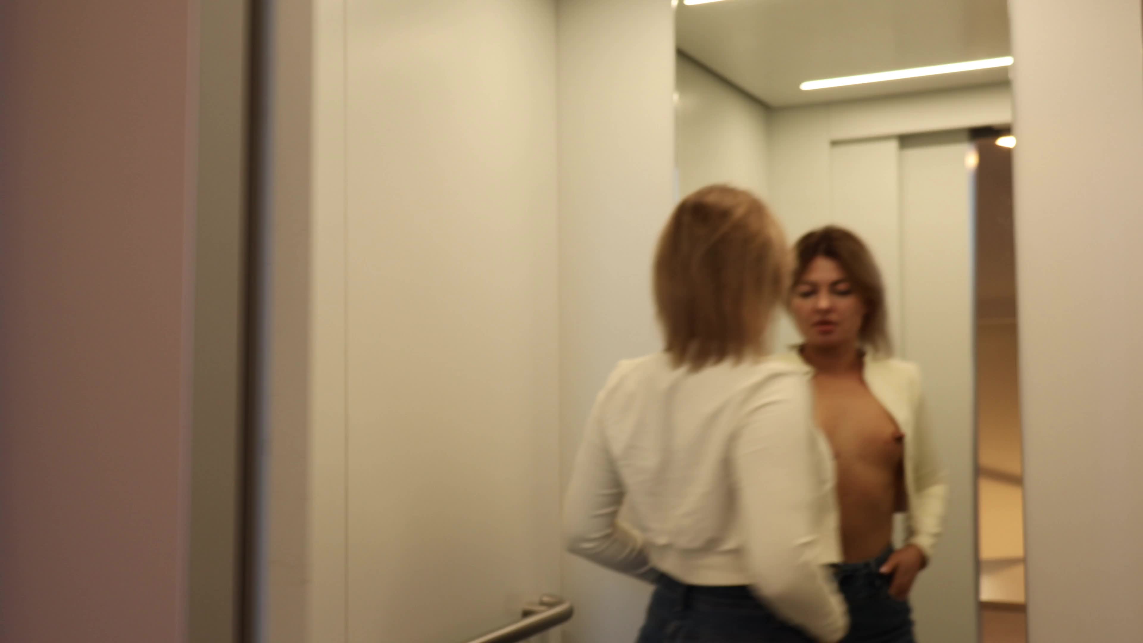 POV Elevator Surprise: Elegant Blonde With Hard Pierced Nipples Worships You