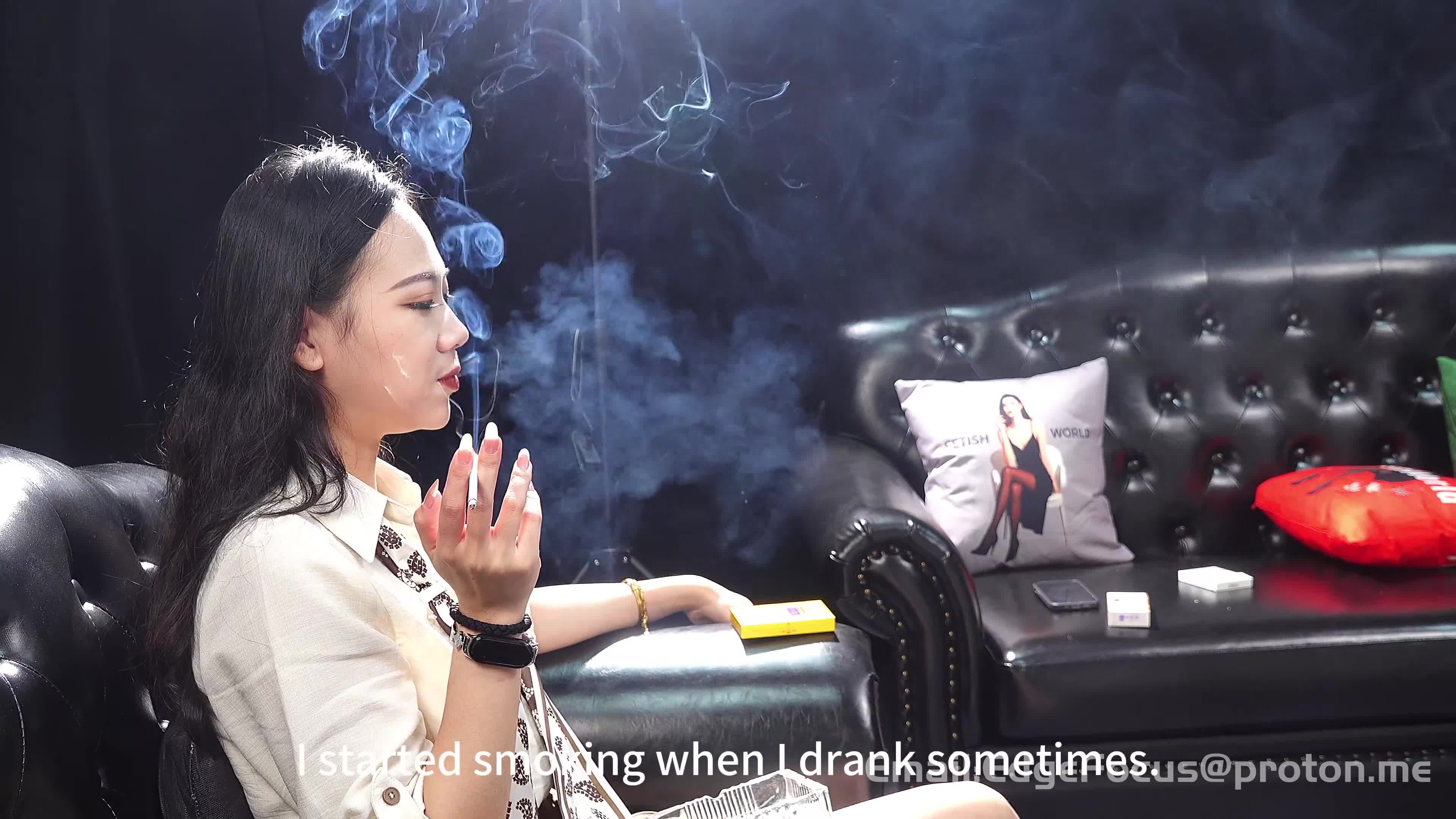 Asian Woman Smoking Cigarette And Exhaling Dense Smoke Plumes In Leather Armchair4K
