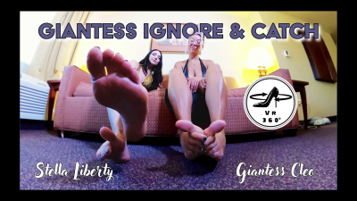 VR Double Giantess Ignore And Catch Stella Liberty And Giantess Cleo Catch Up And Discover A Tiny Man Has Escaped From His Captivity