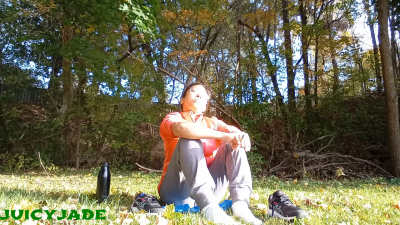 Fit Asian Practicing Grounding While Smoking Outdoors Volume 57 Non Nude