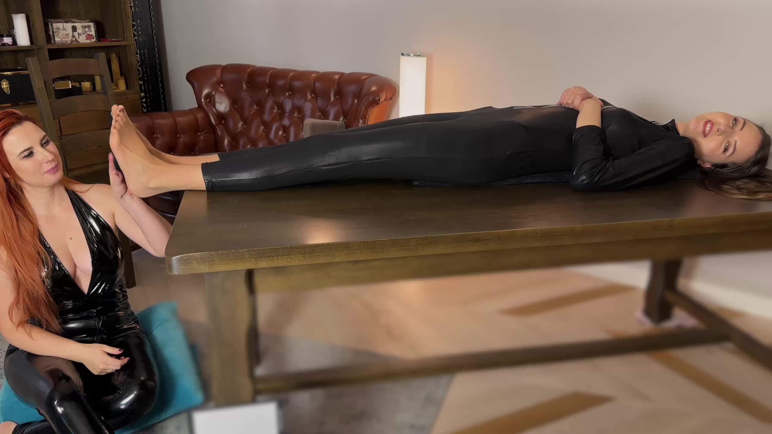 Stella Lies On Her Back In Black Suit And Weronika Tickle And Lick Her Feet In Tan Pantyhose- Full