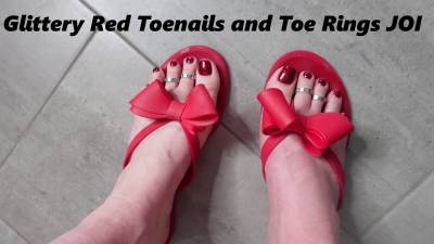 Glittery Red Toenails And Toe Rings JOI