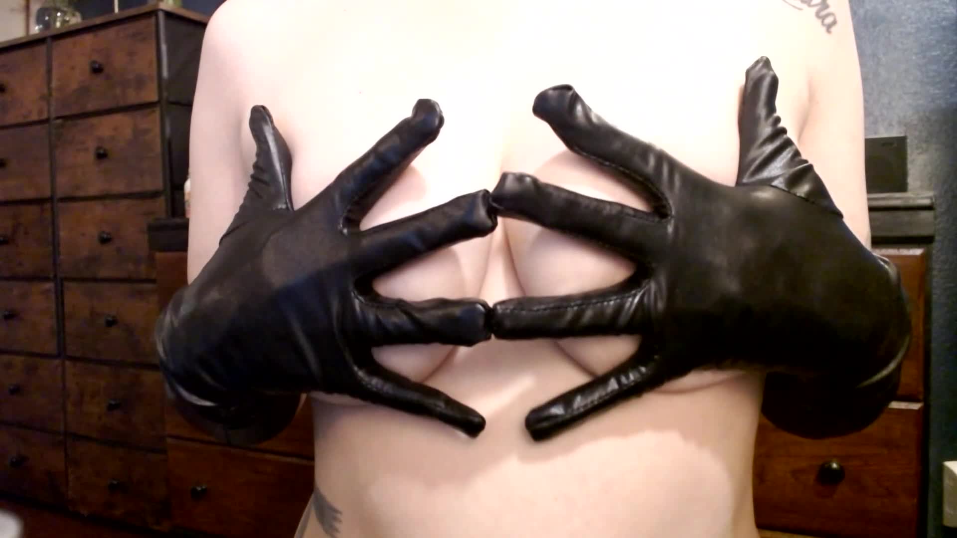 Black Gloves Nipple Squeezing Titty Tease Drops Real Boobs