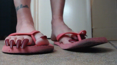 Long Red Toenails Pink Flipflops