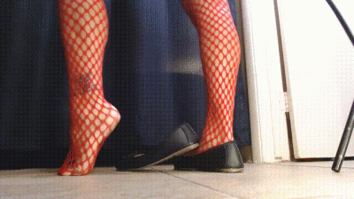 Red Fishnets Ballet Flats Shoeplay Dipping Toe Wiggling
