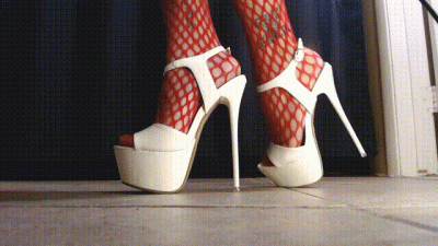 Sexy Spiked White High Heels Red Fishnet Stockings