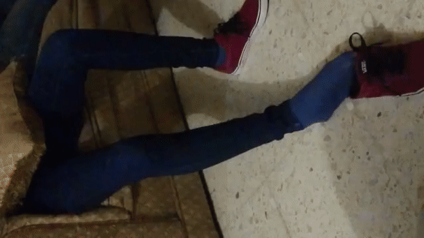 Catshoe - Candid Public Shoeplay In Red Sneakers And Blue Pantyhose - iWantClips    
