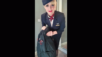 Air Hostess Offers A 1St Class Jerk Off On Sexy Wolford Legs