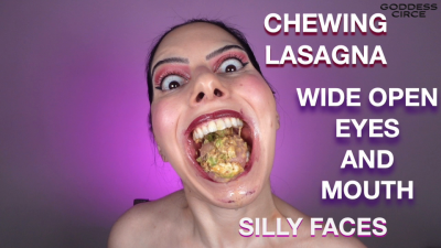 Chewing Lasagna- Wide Open Eyes And Mouth- Silly Faces
